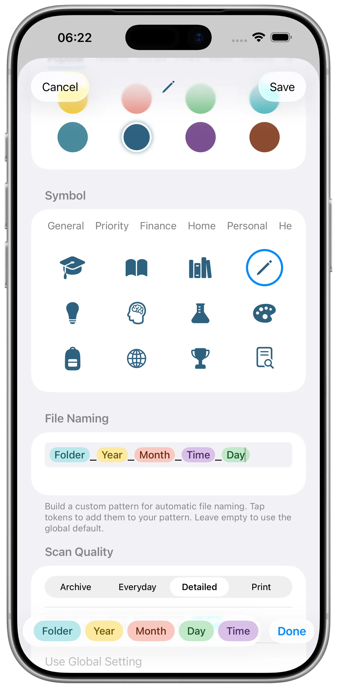 Pockli Scan folder with custom rules, colors, and icons